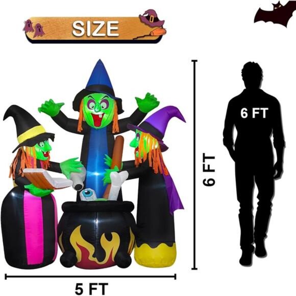 Halloween Inflatables Outdoor Decorations,6 Feet 3 Witches, LED Lights, Blow up - Picture 2 of 7